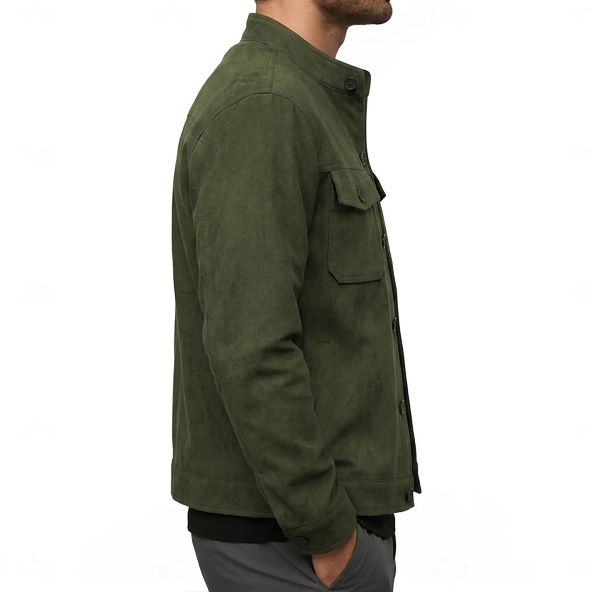 Army green military suede jacket side view on model