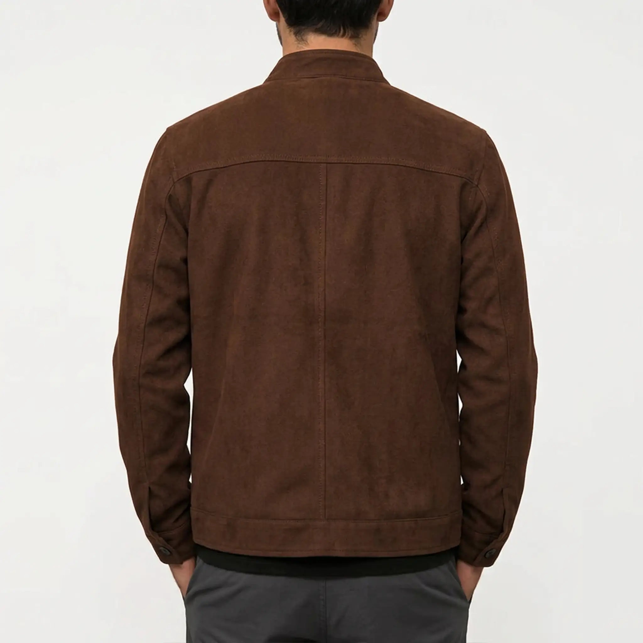 Deep brown military suede jacket back view on model