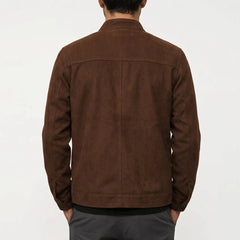 Deep brown military suede jacket back view on model