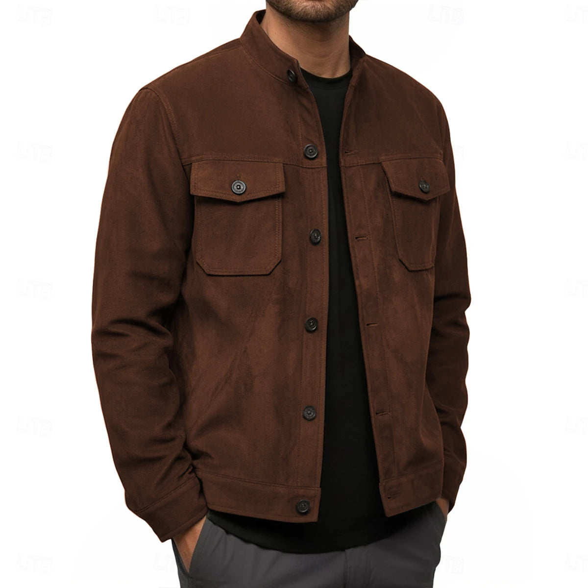 Deep brown military suede jacket with button front and chest pockets