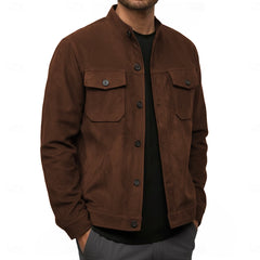 Deep brown military suede jacket with button front and chest pockets