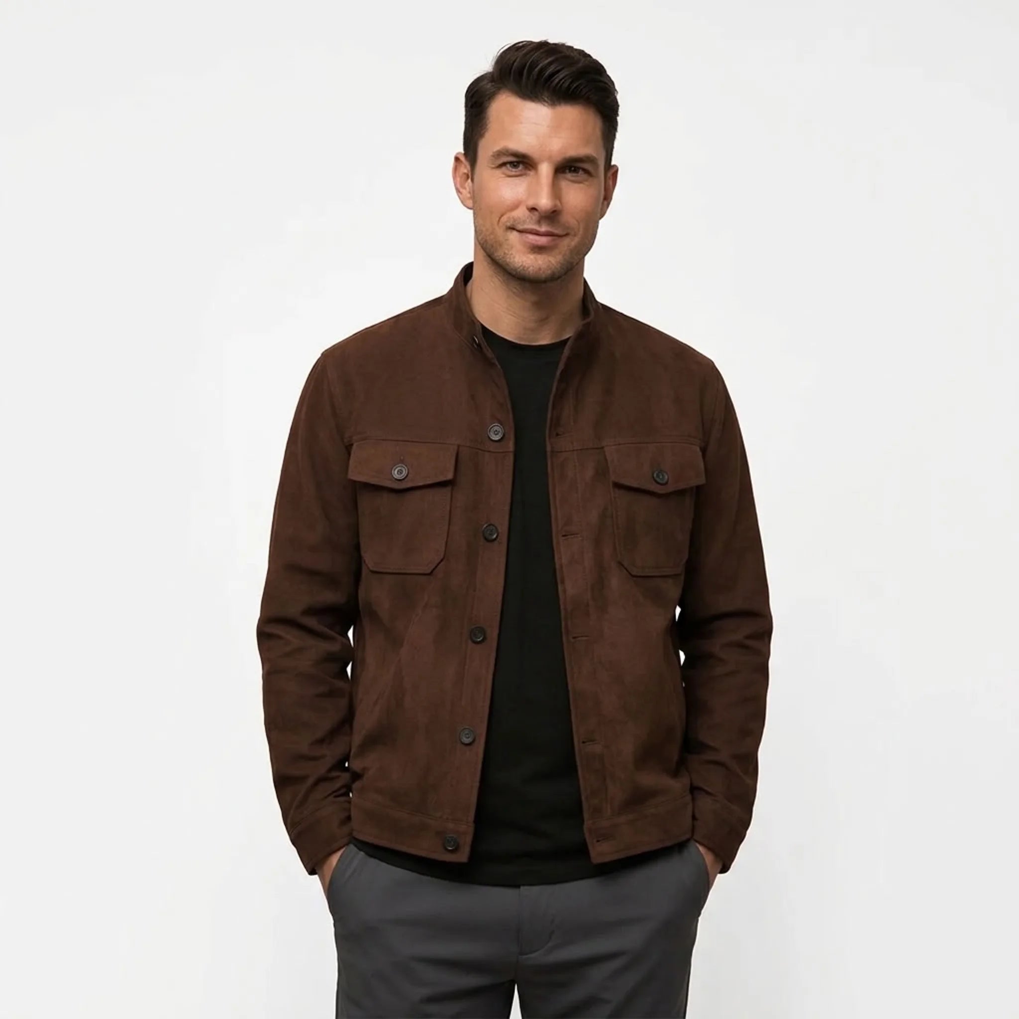Man wearing deep brown military suede jacket, front view