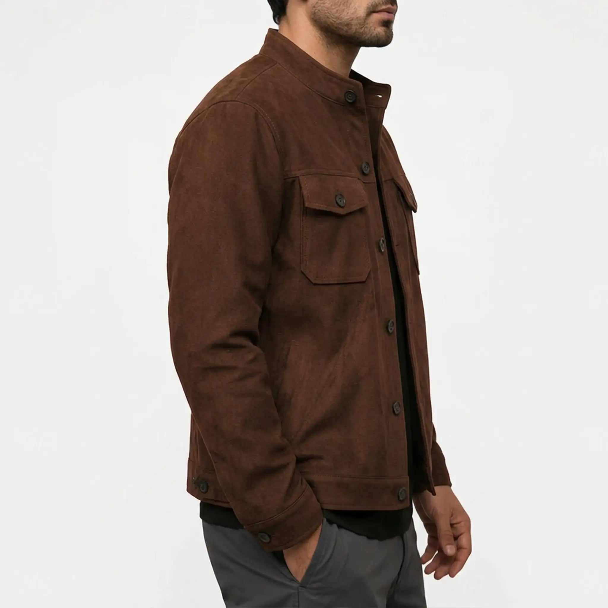Deep brown military suede jacket side view on model