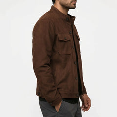 Deep brown military suede jacket side view on model