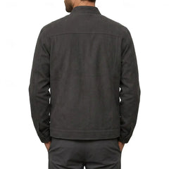 Grey military suede jacket back view on model