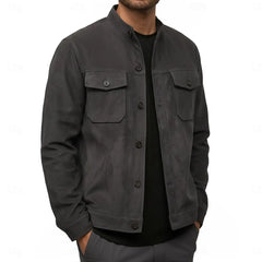 Grey military suede jacket worn over a black tee, front view
