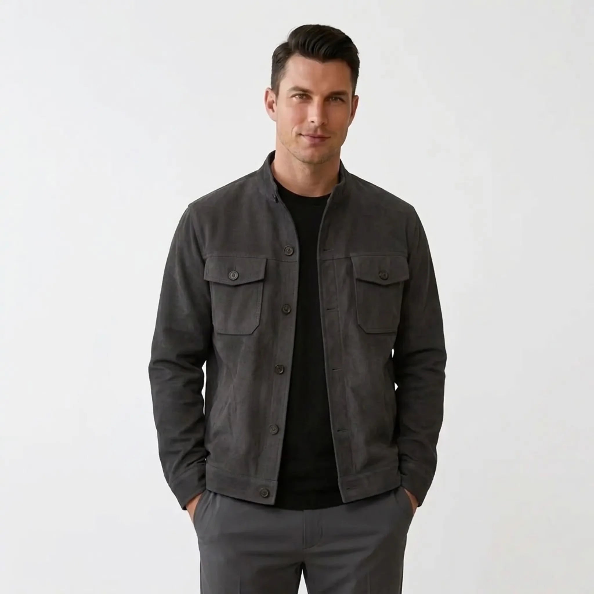 Man wearing grey military suede jacket, front view