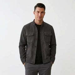Man wearing grey military suede jacket, front view