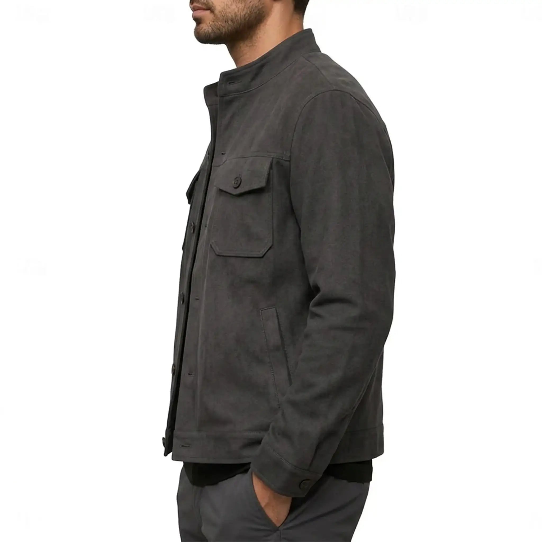 Grey military suede jacket side view on model