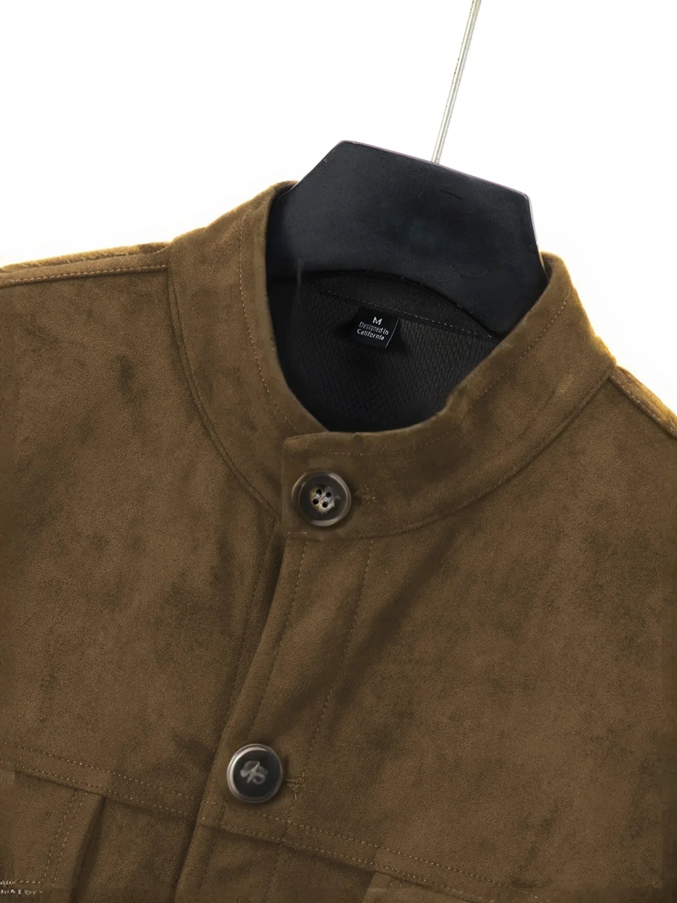Khaki suede jacket stand collar and button close-up