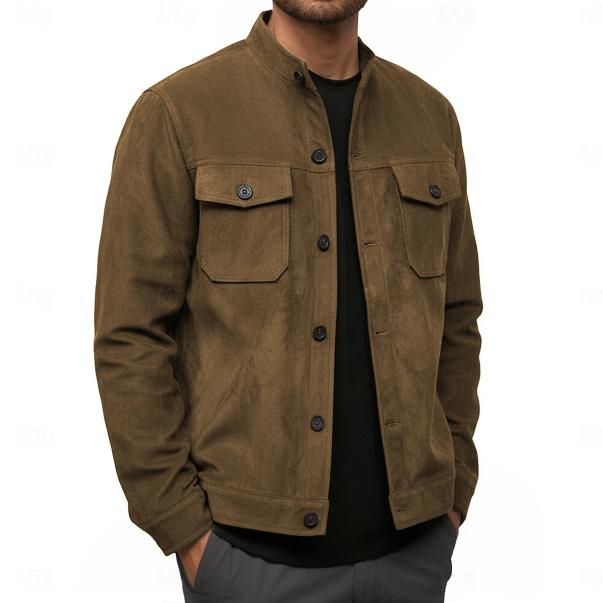 Men's khaki military suede jacket with stand collar and flap pockets, front view