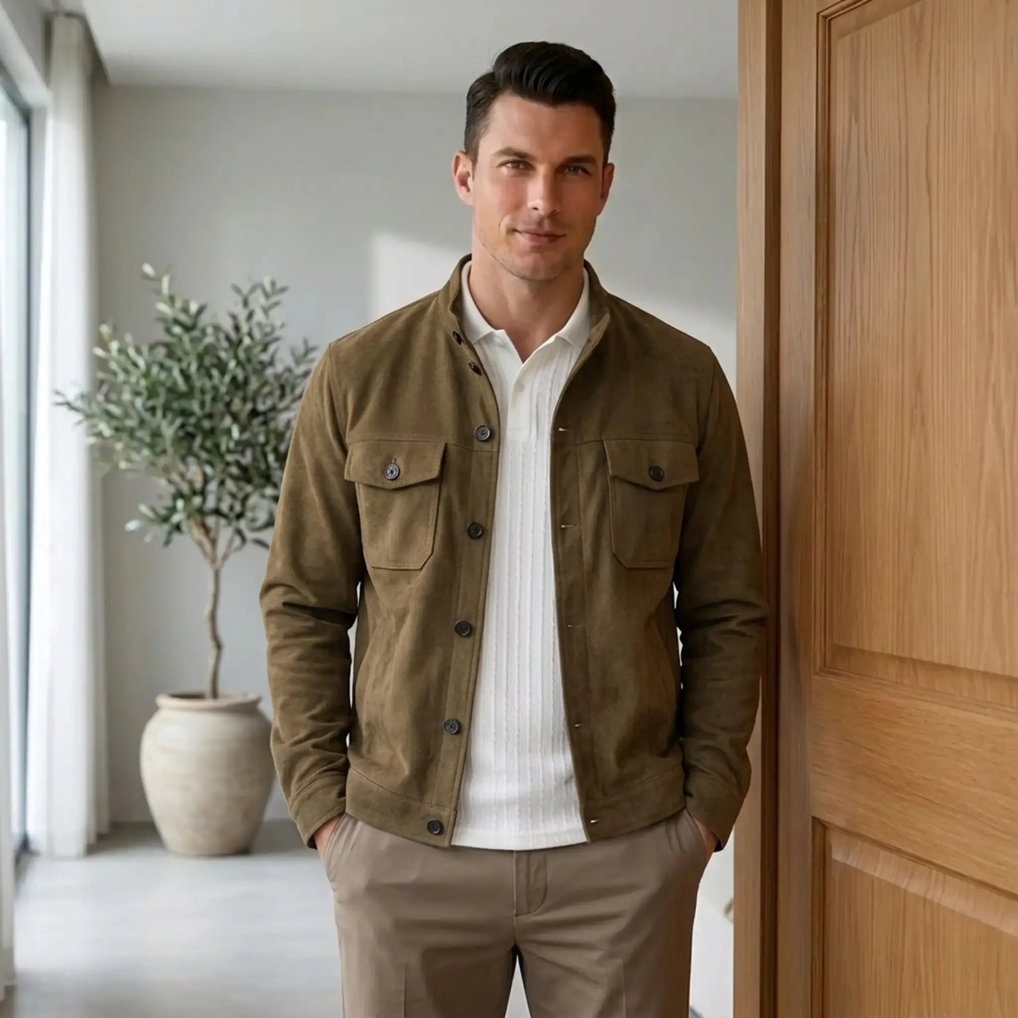 Man in khaki suede jacket and white tee in a bright modern interior