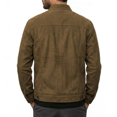 Khaki military suede jacket back view on model