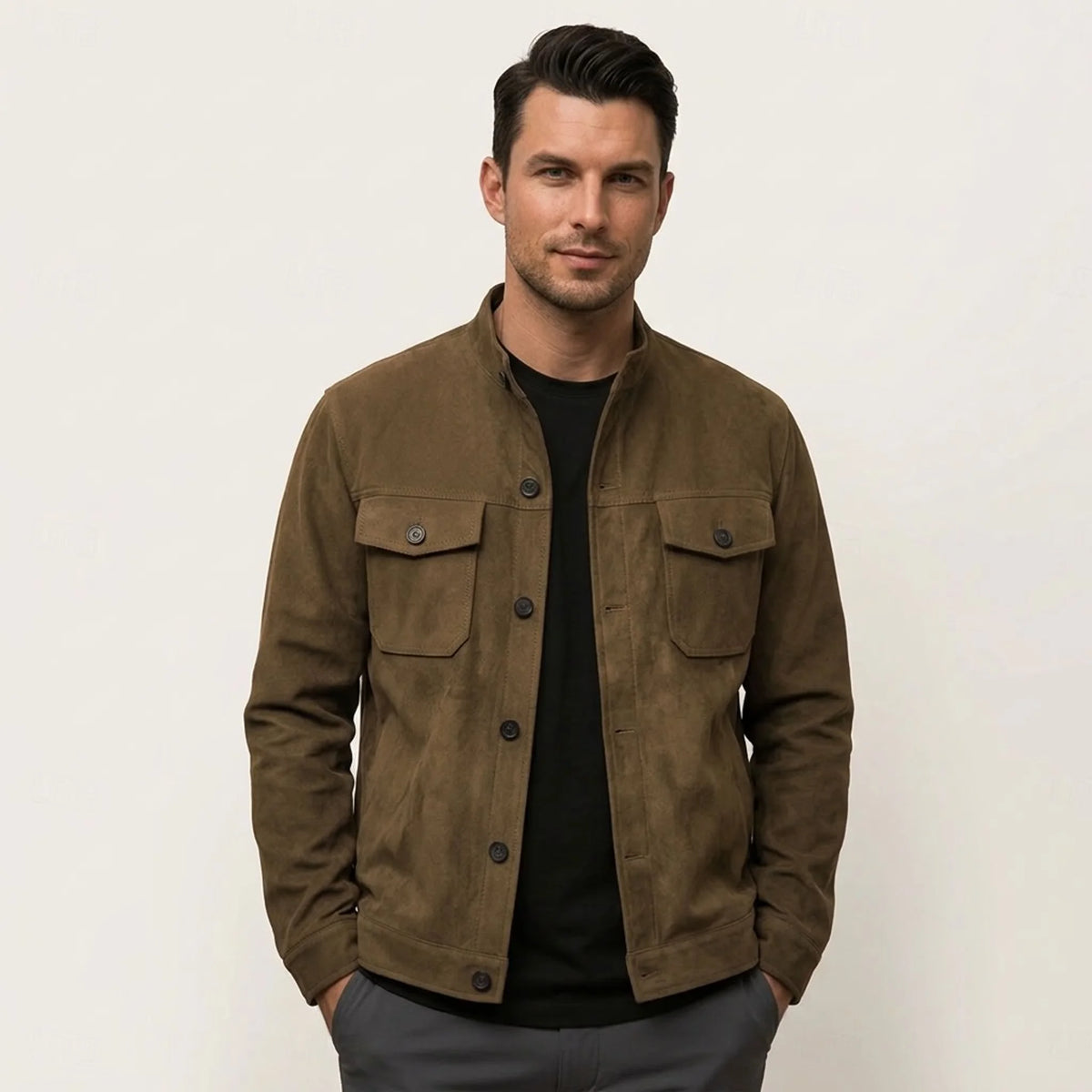 MannerCo men's khaki military faux suede jacket with stand collar and flap pockets, front view on model