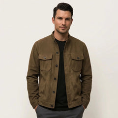 MannerCo men's khaki military faux suede jacket with stand collar and flap pockets, front view on model