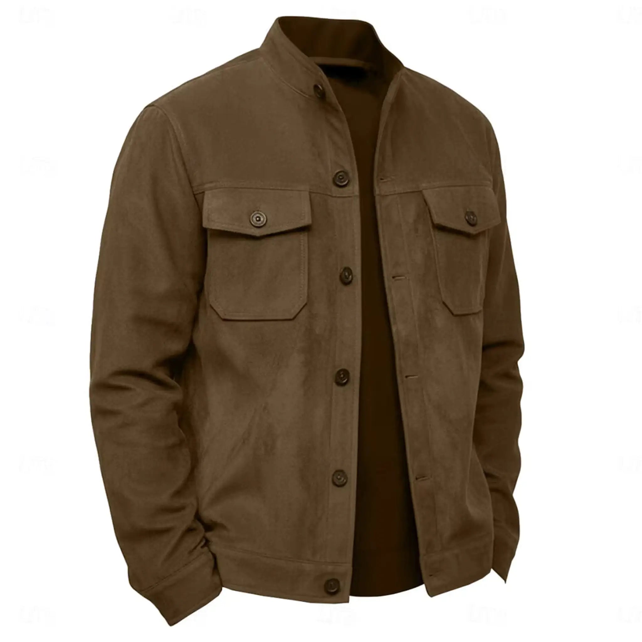 Khaki military suede jacket with flap chest pockets, product view