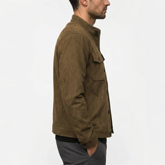 Khaki military suede jacket side view on model