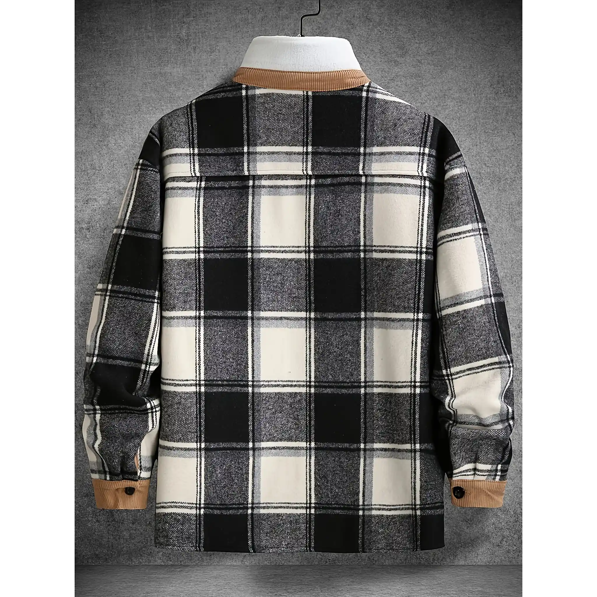 Black plaid shirt jacket back view with corduroy collar and cuffs