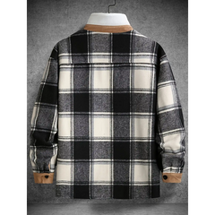 Black plaid shirt jacket back view with corduroy collar and cuffs