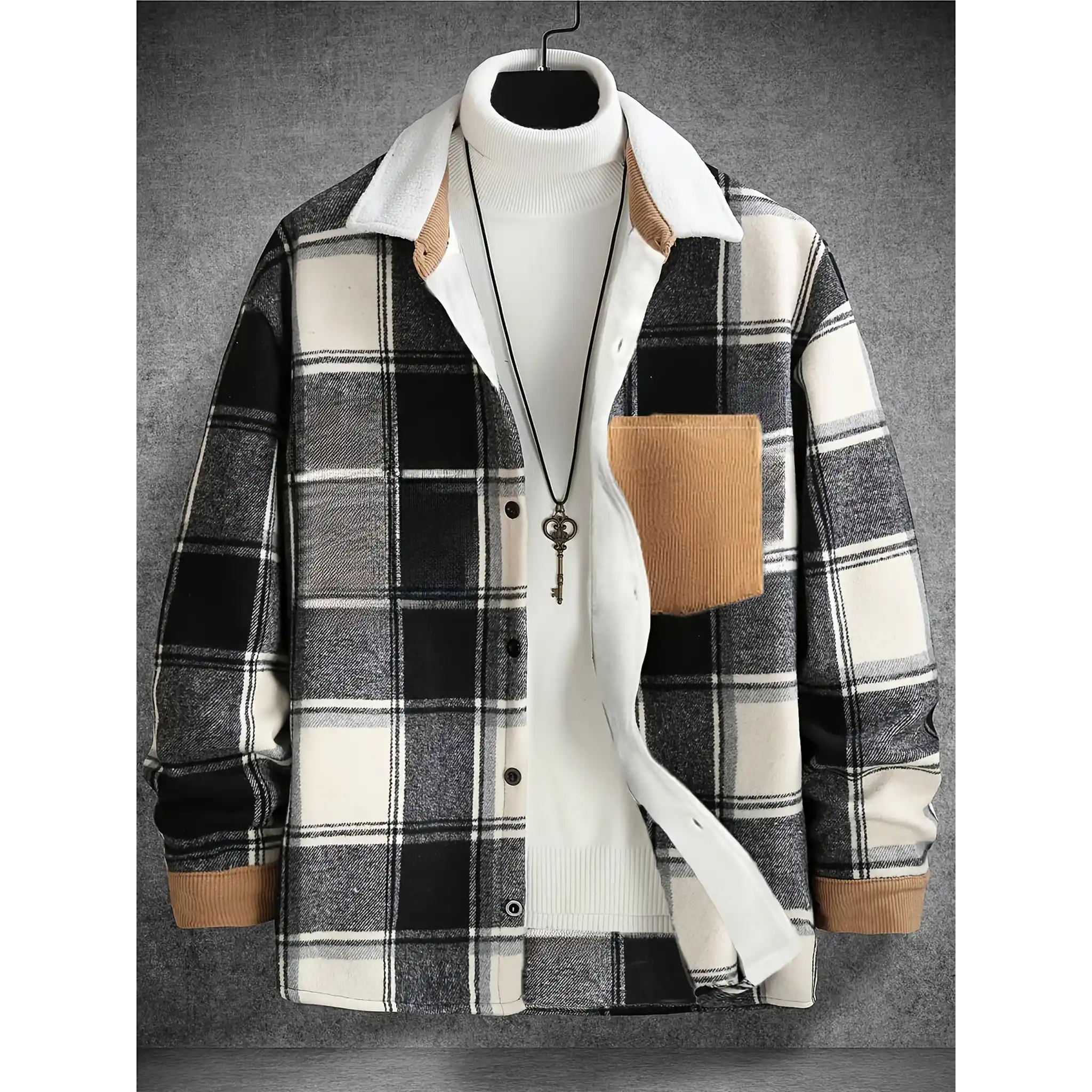Black plaid fleece-lined shirt jacket with corduroy trim, front view