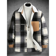 Black plaid fleece-lined shirt jacket with corduroy trim, front view