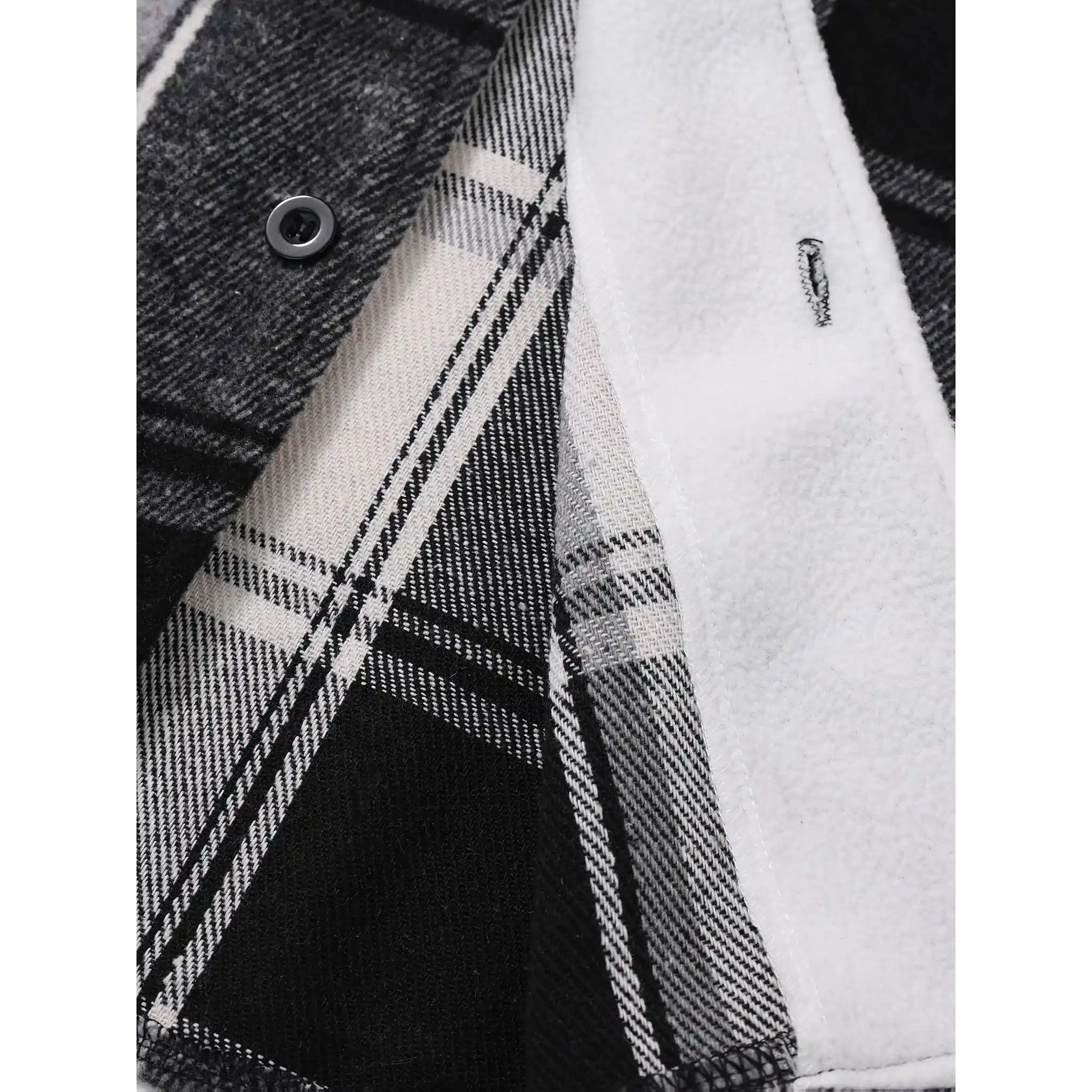 Black plaid shirt jacket fleece lining and snap button close-up