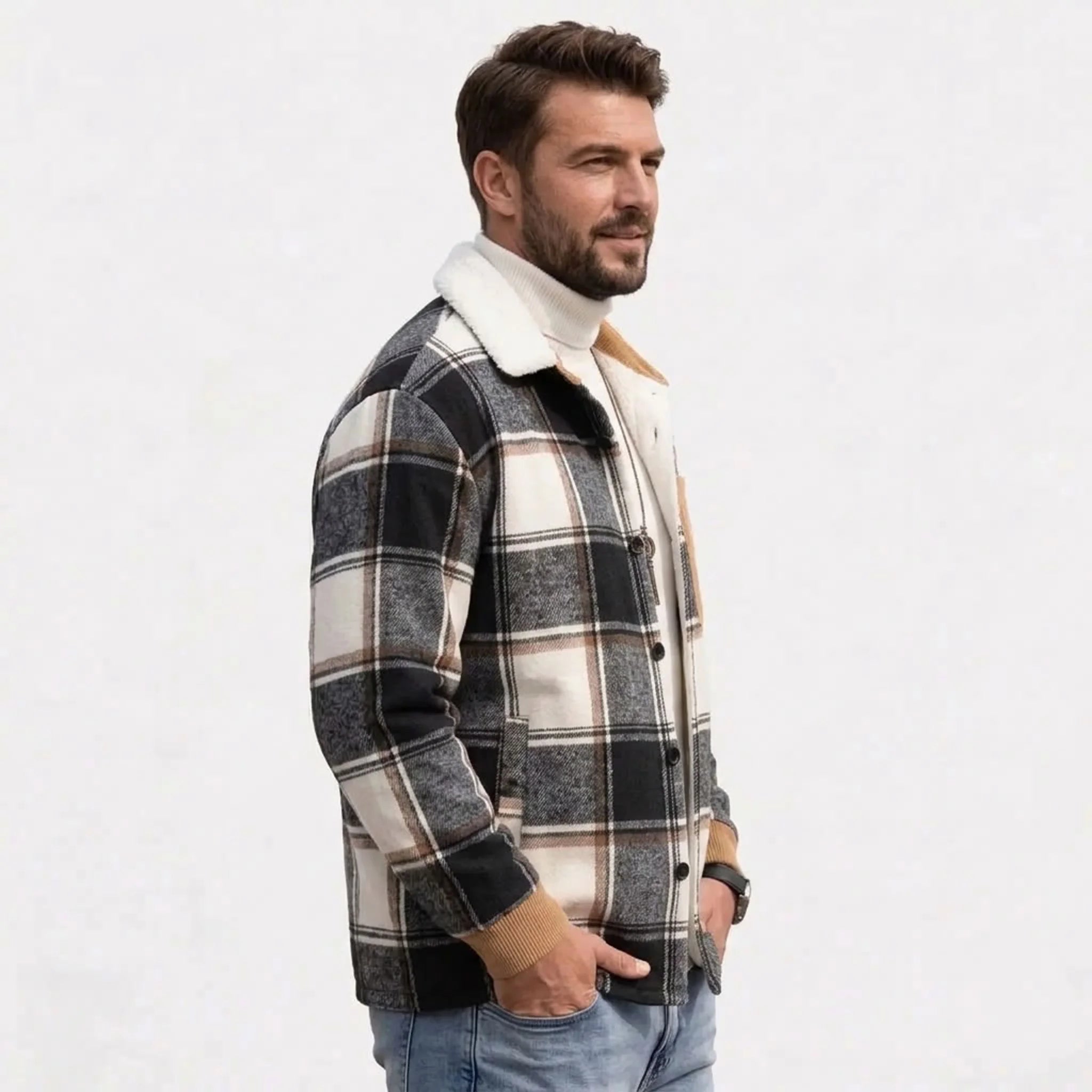 Man wearing black plaid shirt jacket, side view