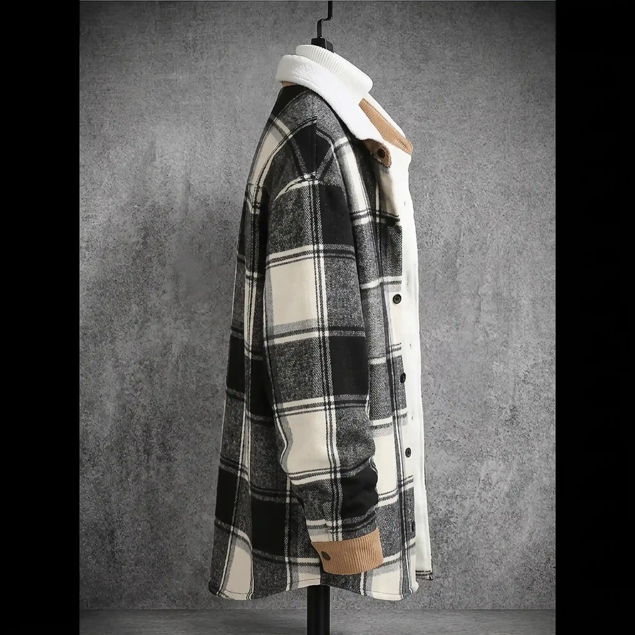 Black plaid shirt jacket side view