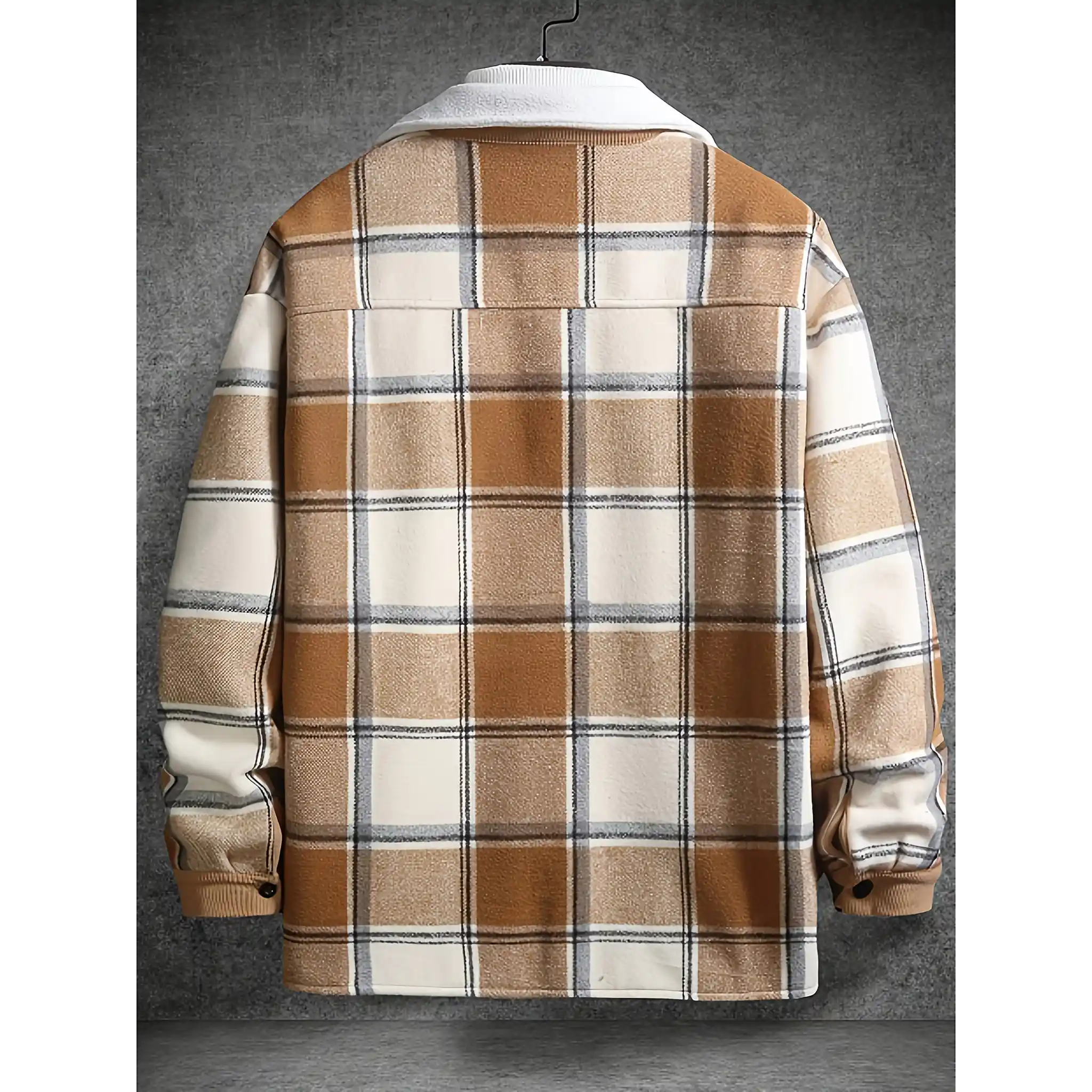Khaki plaid shirt jacket back view