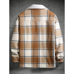 Khaki plaid shirt jacket back view