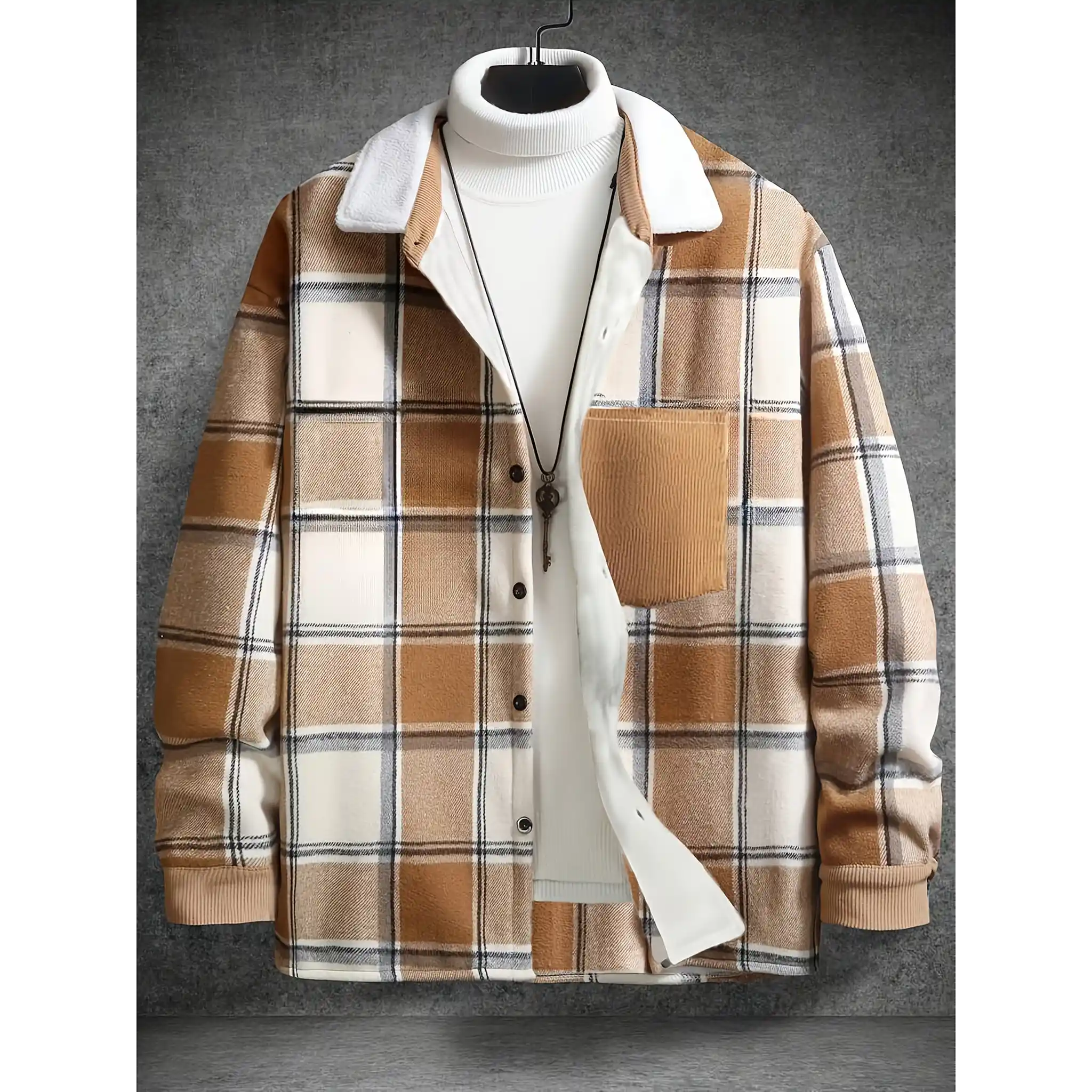 Khaki plaid fleece-lined shirt jacket with corduroy chest pocket, front view