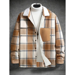 Khaki plaid fleece-lined shirt jacket with corduroy chest pocket, front view