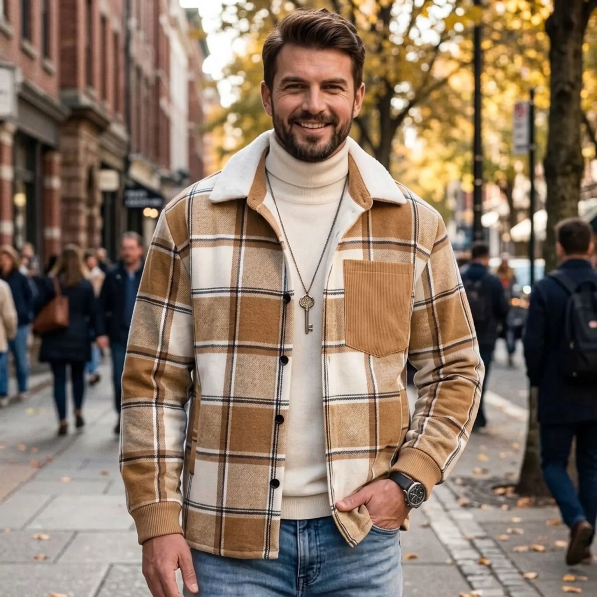 Man in khaki plaid shirt jacket on an autumn city street