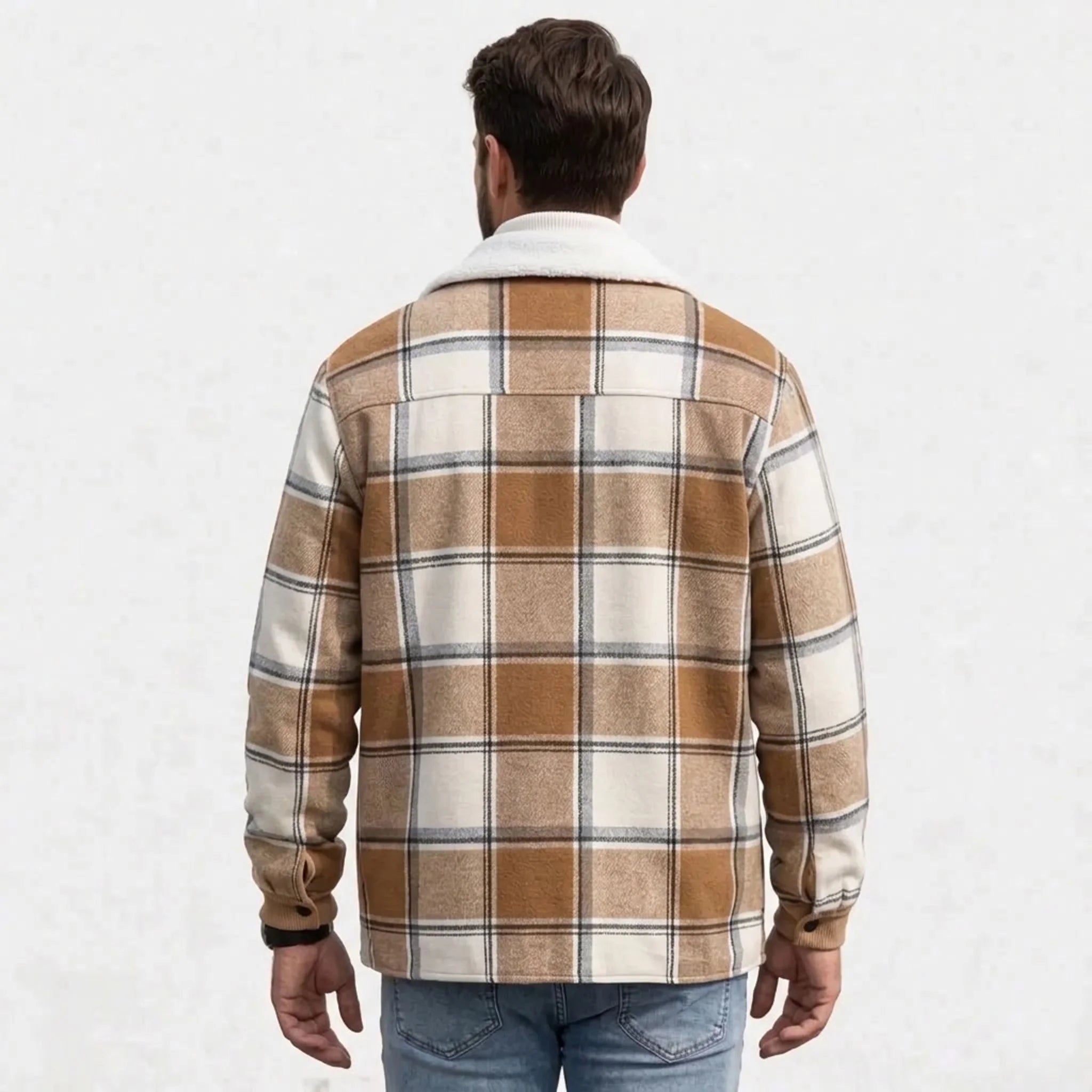 Khaki plaid shirt jacket back view on model