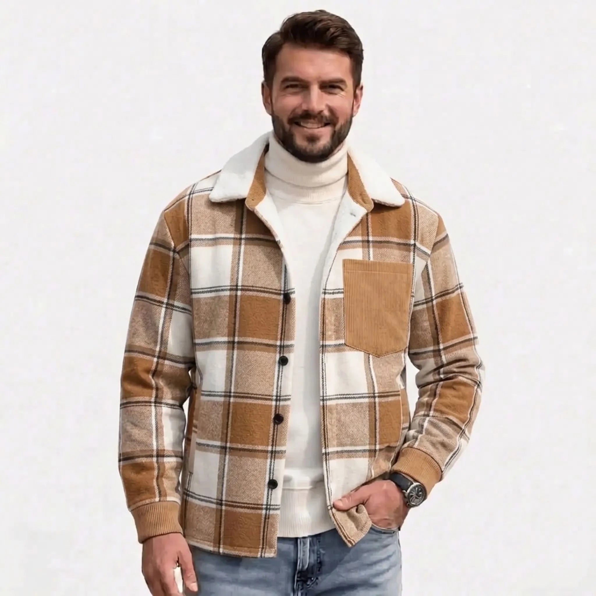 Man wearing khaki plaid fleece-lined shirt jacket, front view