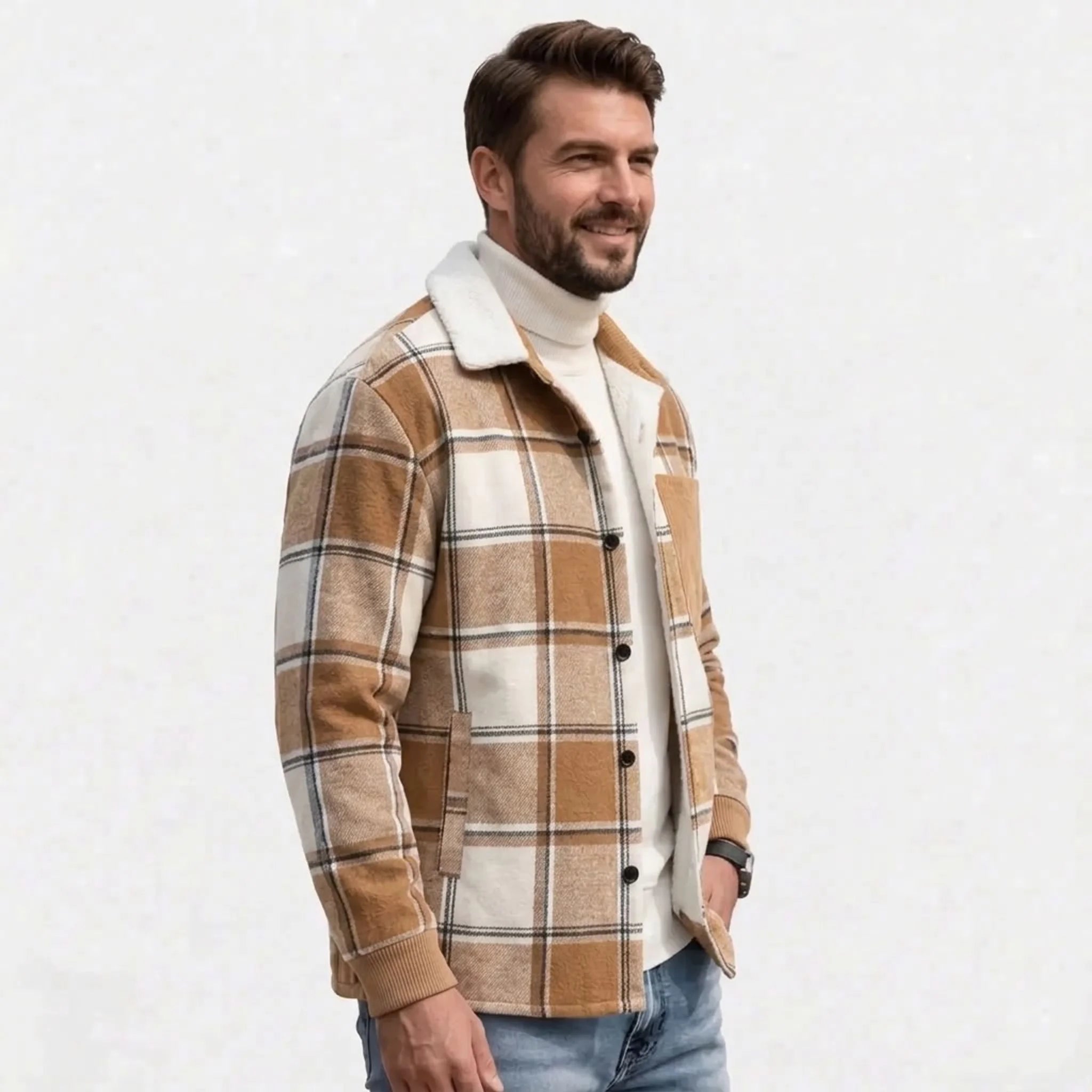 Man wearing khaki plaid shirt jacket, three-quarter view