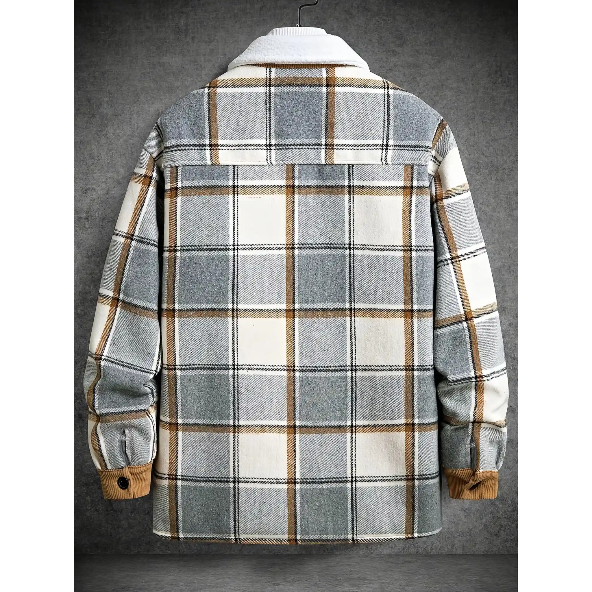 Light grey plaid shirt jacket back view with corduroy cuffs