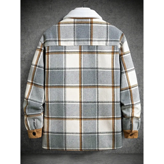 Light grey plaid shirt jacket back view with corduroy cuffs