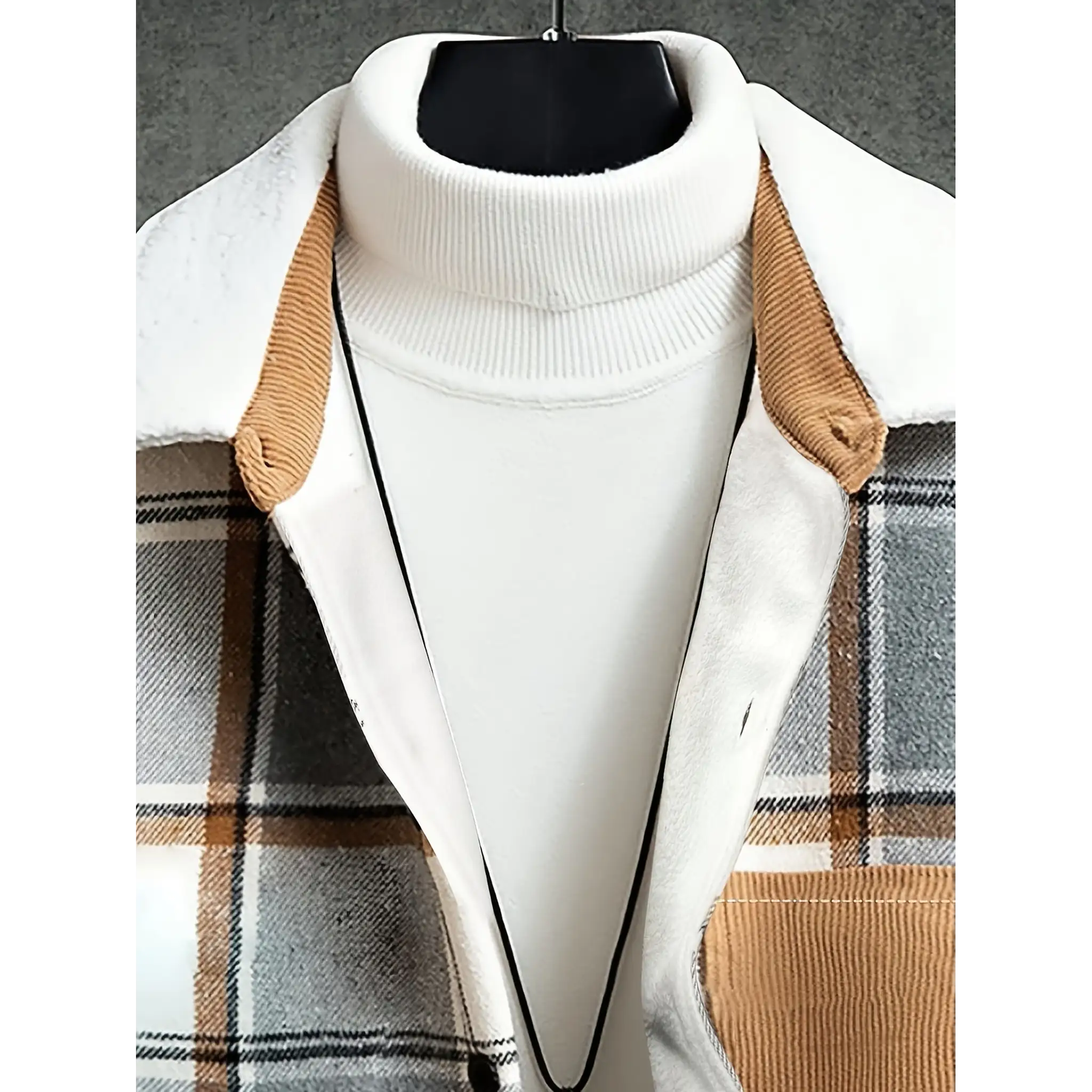 Light grey plaid shirt jacket corduroy collar and fleece lining detail