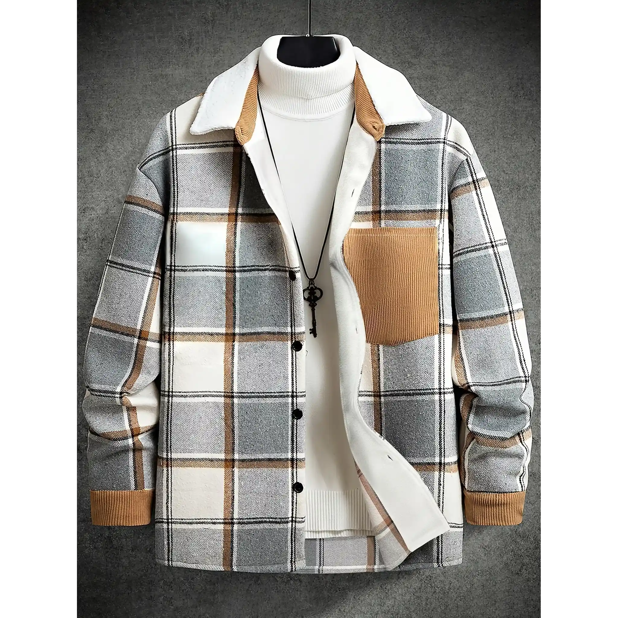 Light grey plaid shirt jacket with corduroy collar and chest pocket, front view