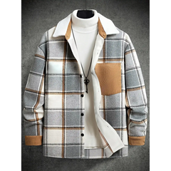 Light grey plaid shirt jacket with corduroy collar and chest pocket, front view