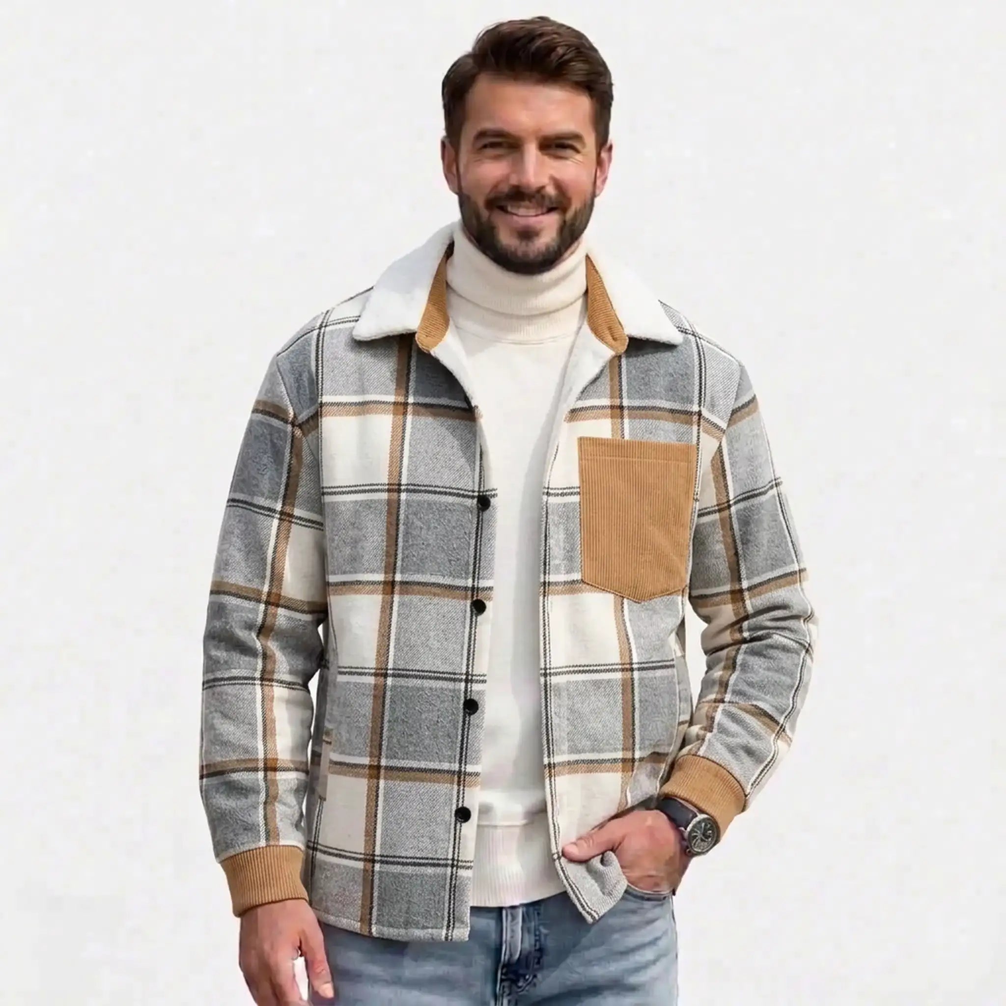 MannerCo men's light grey plaid fleece-lined shirt jacket with corduroy trim, front view on model
