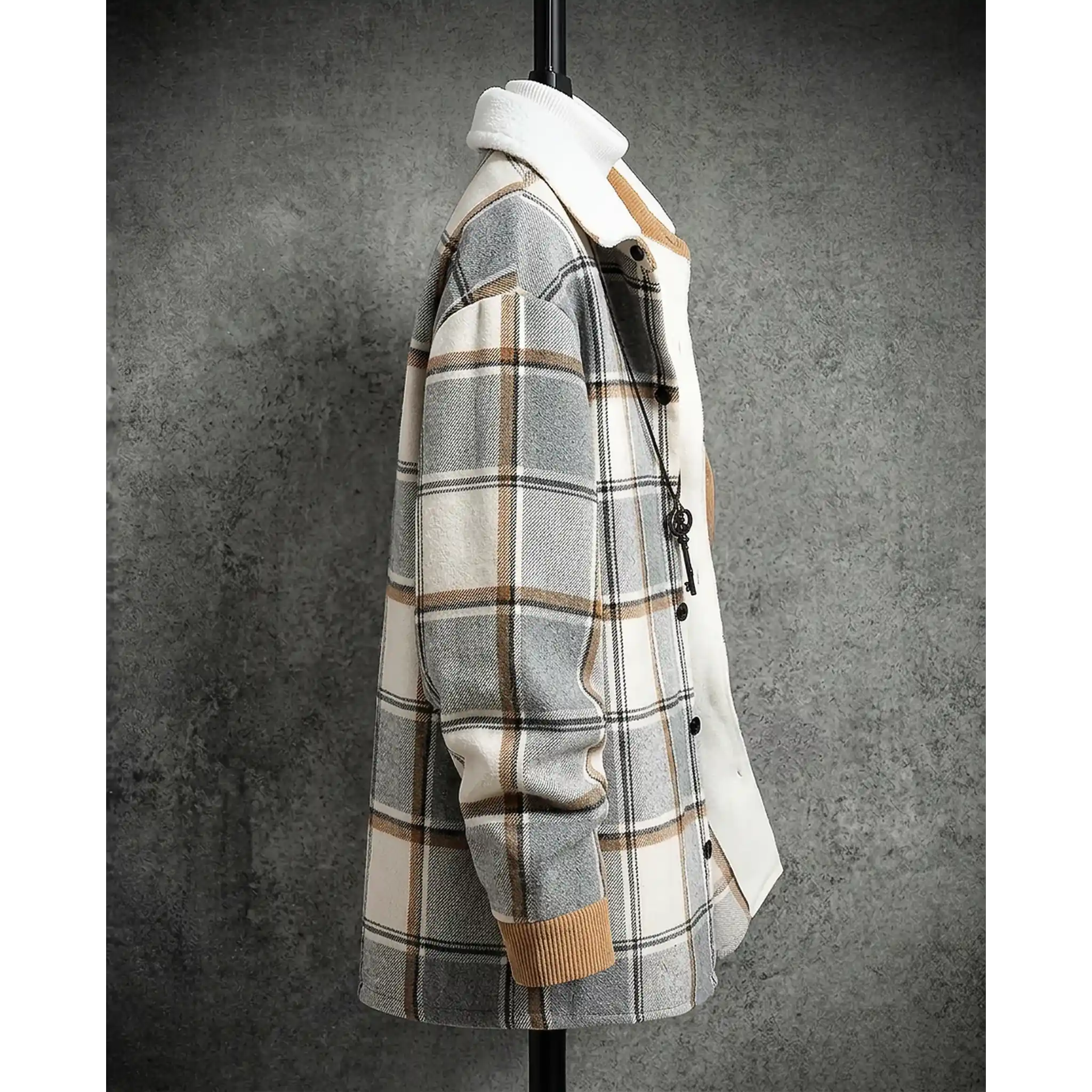Light grey plaid shirt jacket side view with corduroy cuff