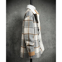 Light grey plaid shirt jacket side view with corduroy cuff