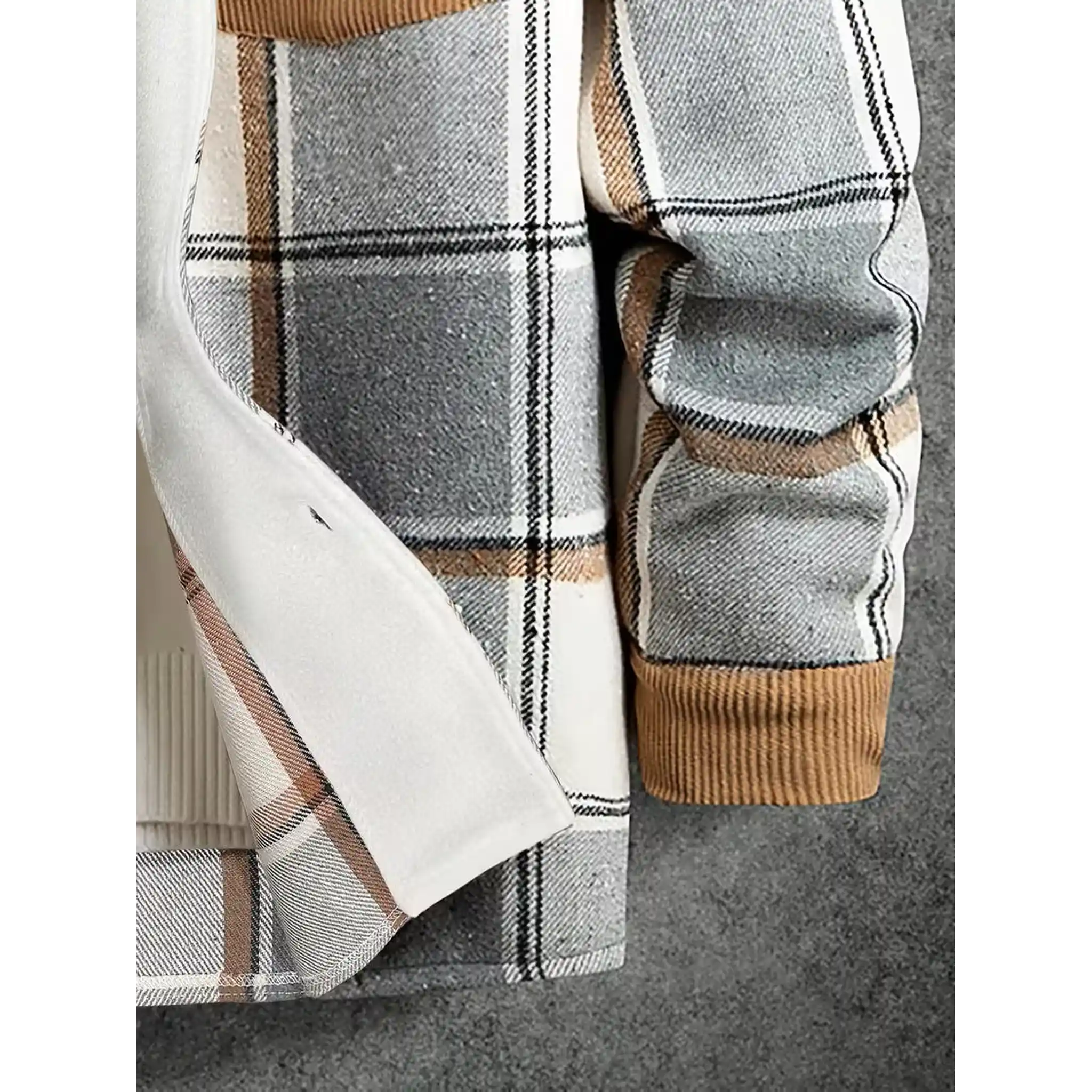 Light grey plaid shirt jacket sleeve with corduroy cuff and fleece lining