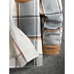 Light grey plaid shirt jacket sleeve with corduroy cuff and fleece lining