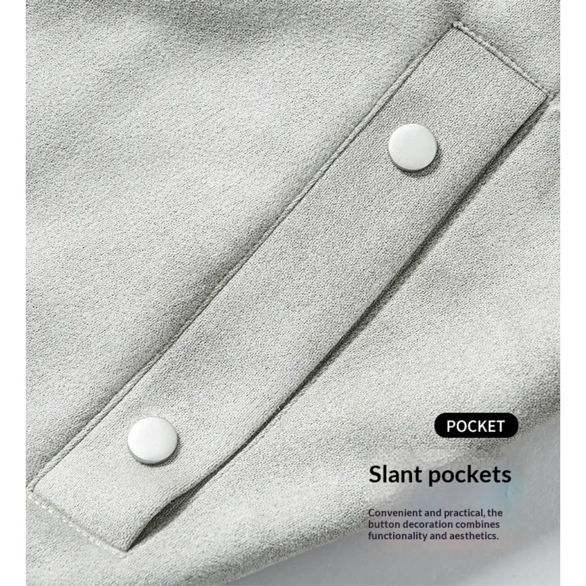 Gray suede-look jacket close-up of the snap button detail