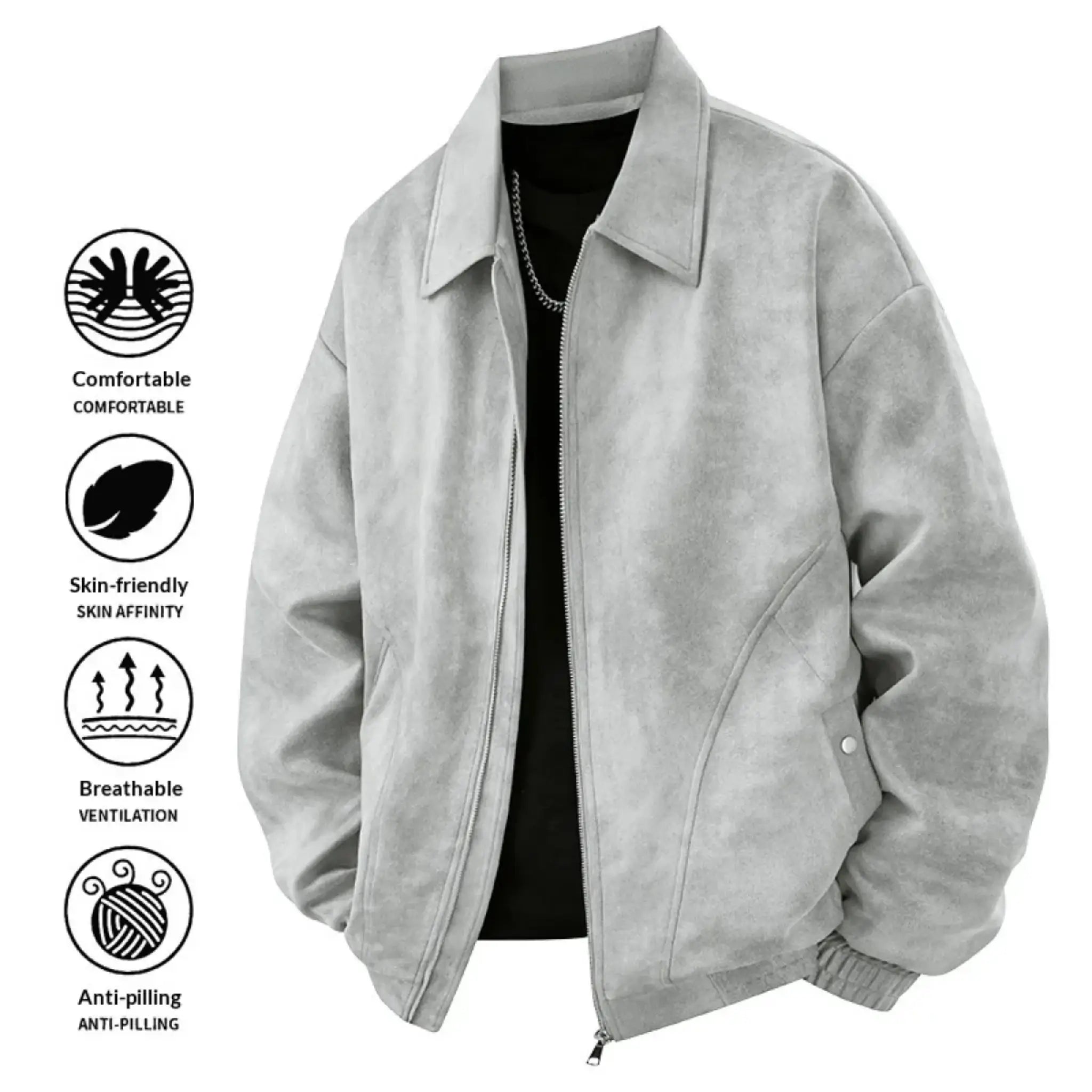 Gray suede-look PU zip jacket, product front with feature icons