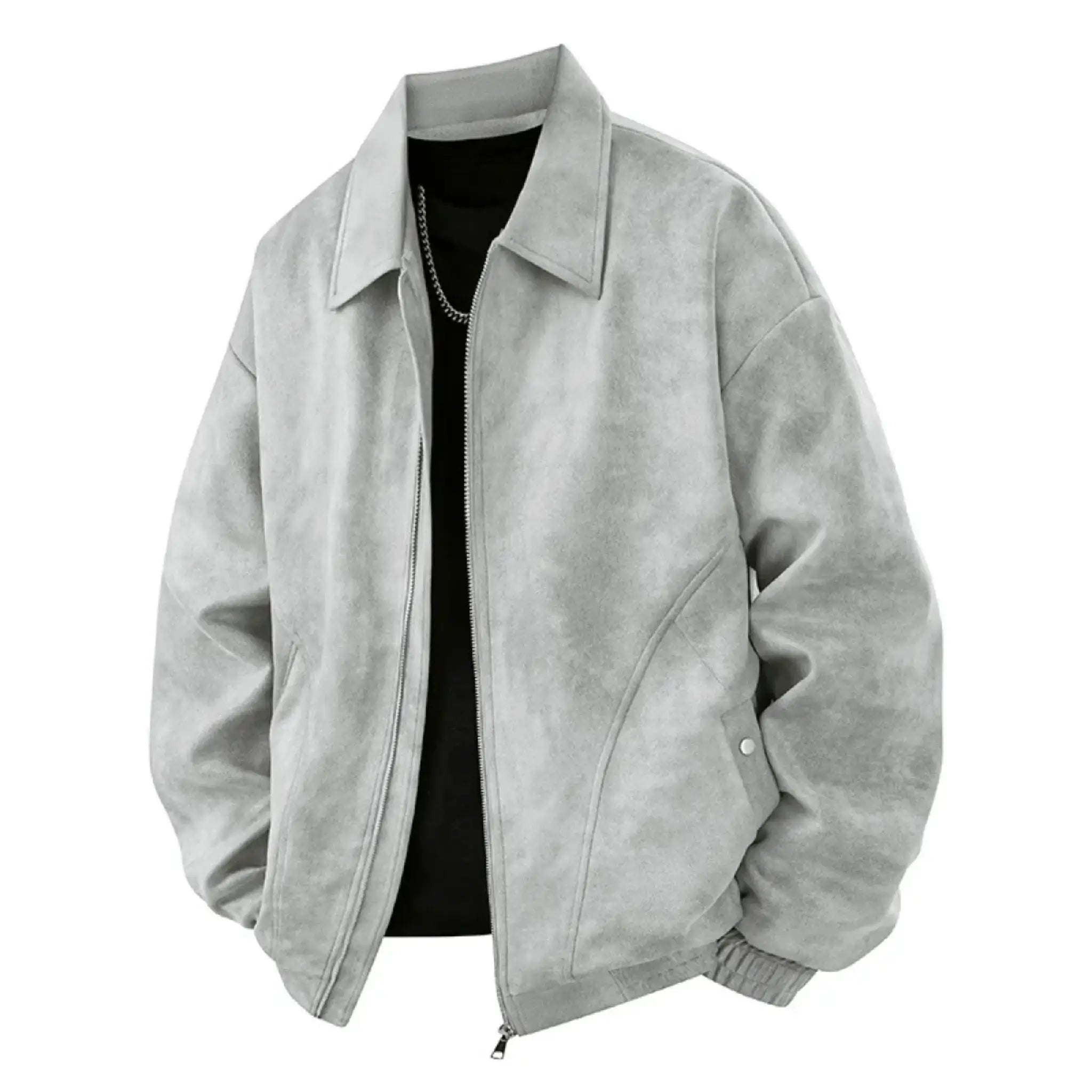 Gray suede-look PU zip jacket with point collar, product front