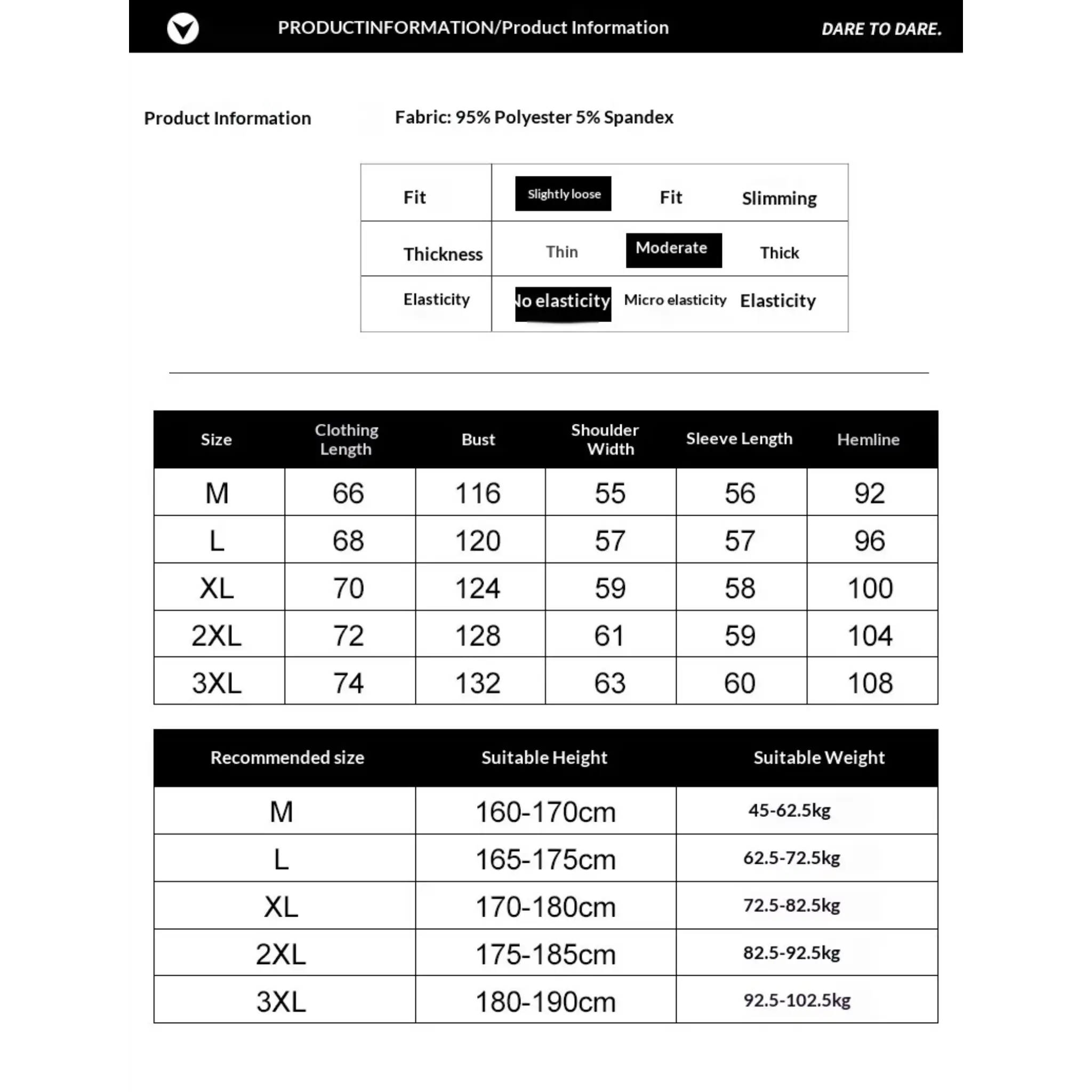 Suede-look PU zip jacket size chart with chest, length and sleeve measurements